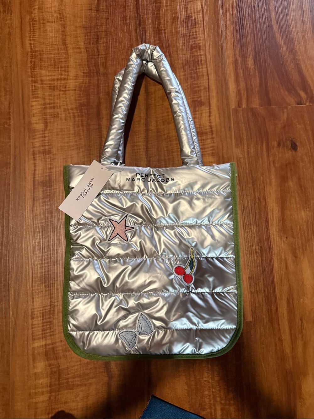 Marc Jacob’s perfect  Silver Quilted Tote with Pink Star & Red Cherry Patches